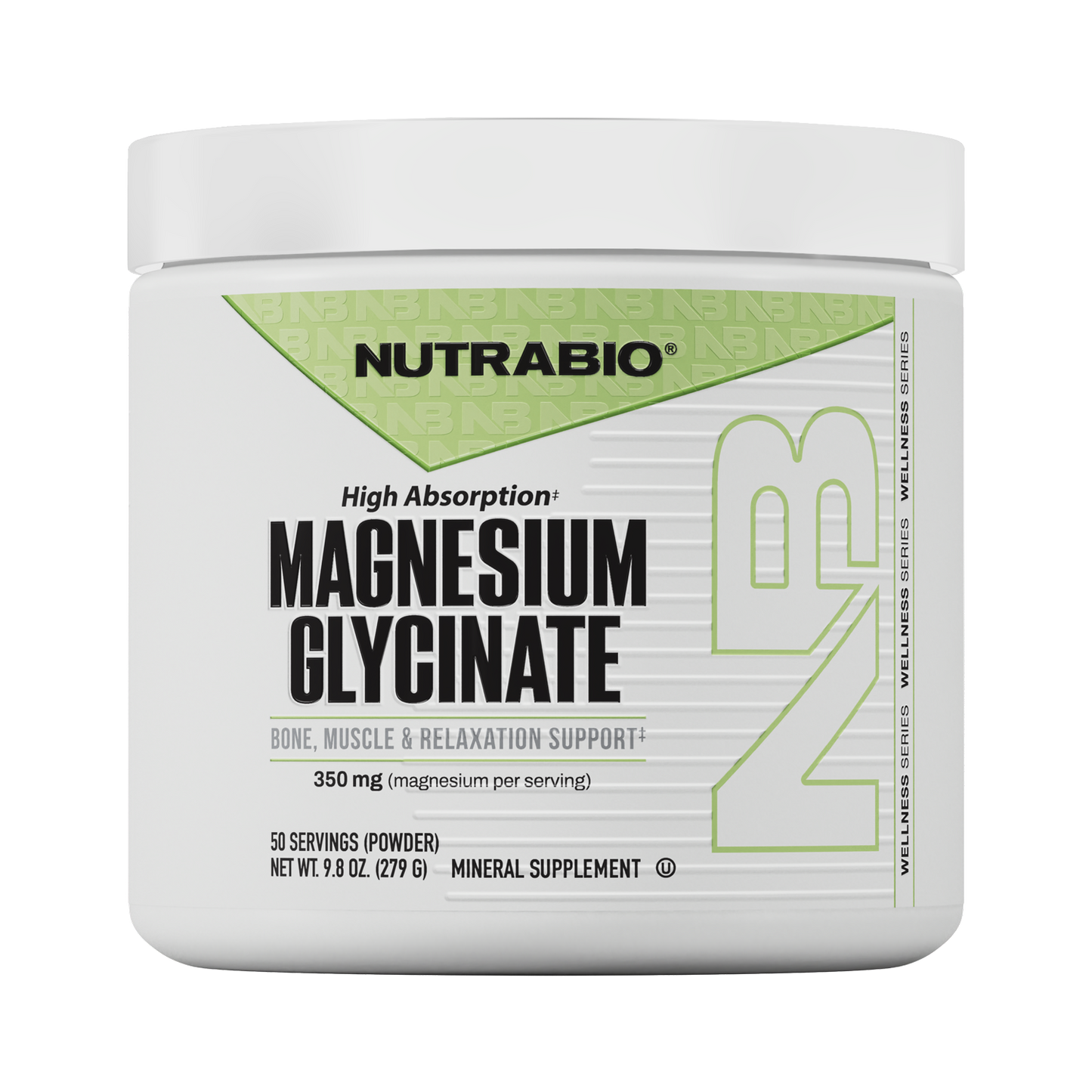 NutraBio Magnesium Glycinate powder, in a white 279g container, provides 350mg of highly absorbable magnesium per serving to support bone health and muscle relaxation. Each container offers 50 servings and is labeled High Absorption.