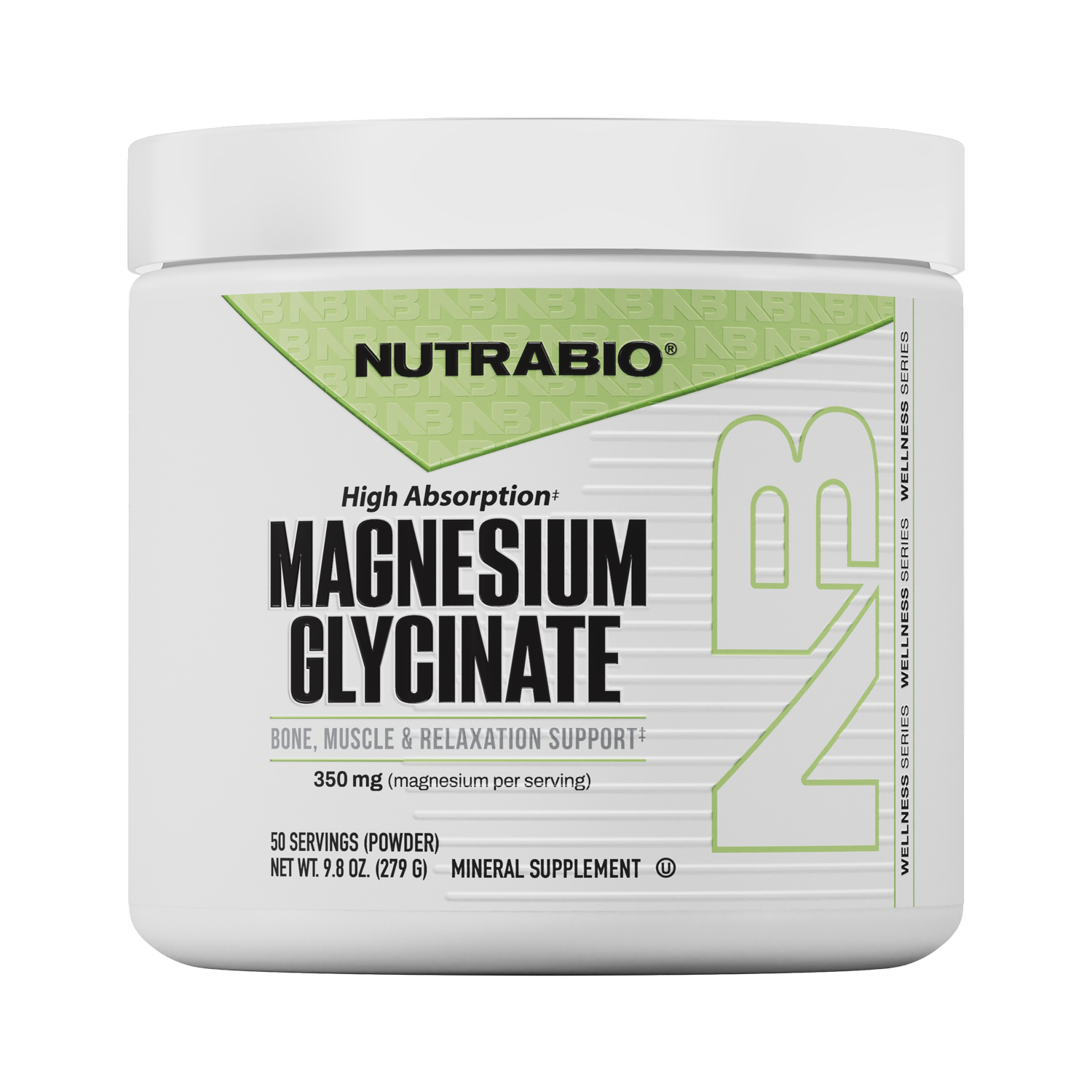 NutraBio Magnesium Glycinate powder, in a white 279g container, provides 350mg of highly absorbable magnesium per serving to support bone health and muscle relaxation. Each container offers 50 servings and is labeled High Absorption.