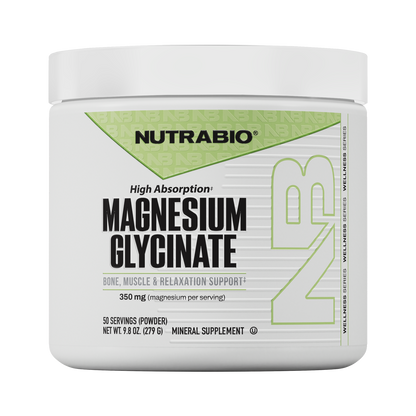 NutraBio Magnesium Glycinate powder, in a white 279g container, provides 350mg of highly absorbable magnesium per serving to support bone health and muscle relaxation. Each container offers 50 servings and is labeled High Absorption.