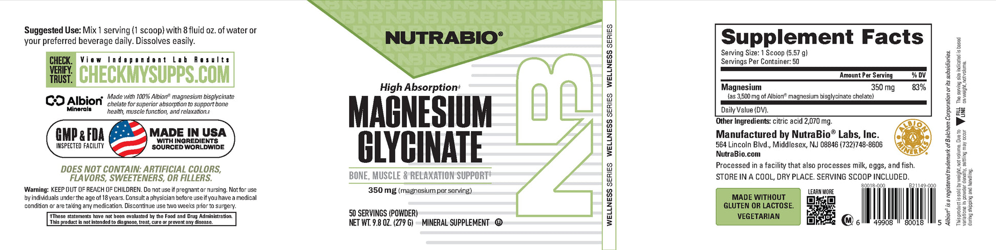 NutraBio Magnesium Glycinate powder label displays suggested use, supplement facts, certifications (Non-GMO, Made in USA, Gluten Free, Vegetarian), barcode, and QR code. Provides highly absorbable magnesium to support muscle relaxation.