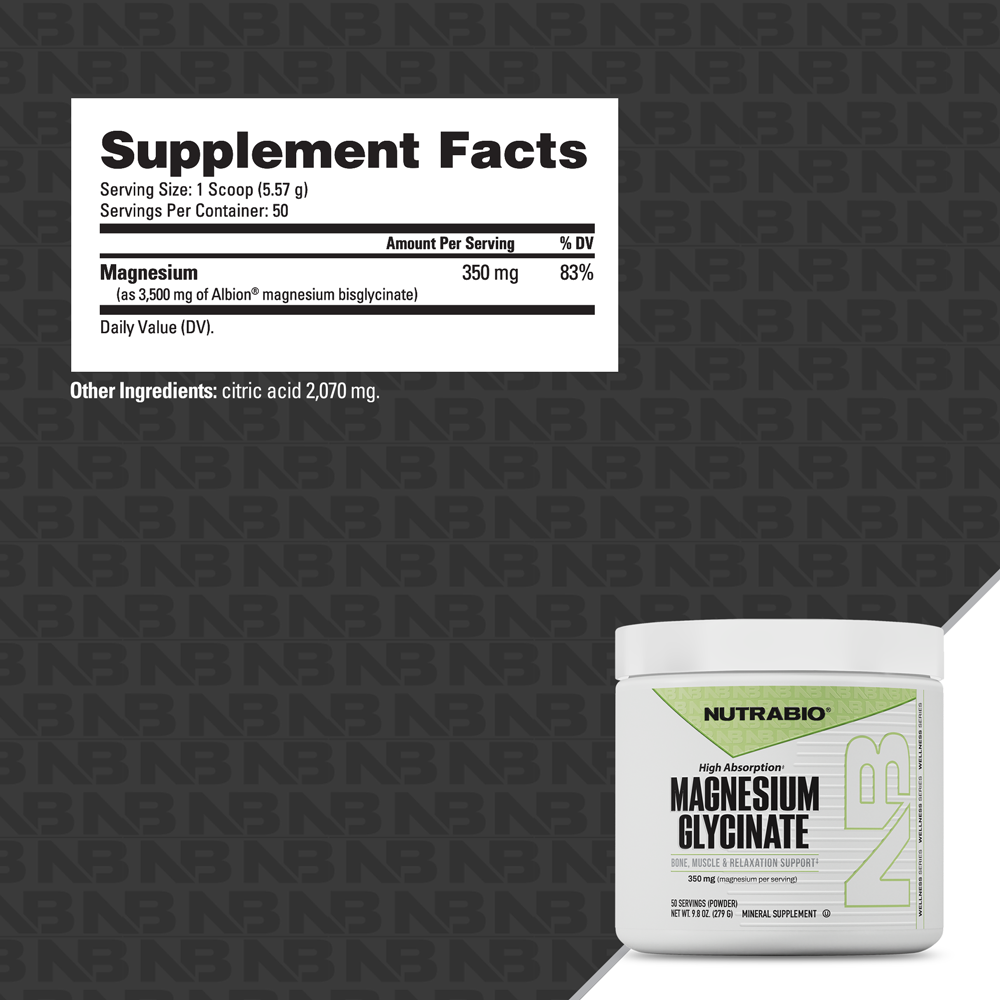 Supplement Facts label for NutraBio Magnesium Glycinate, delivering 350 mg magnesium (83% DV) per serving. Citric acid is also listed as an ingredient. The product’s white tub appears at the bottom right of the image.