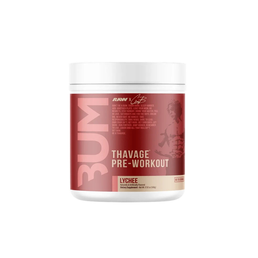 Thavage Pre-Workout supplement bottle, fifth image. Enhances focus and muscle pump for intense workouts.