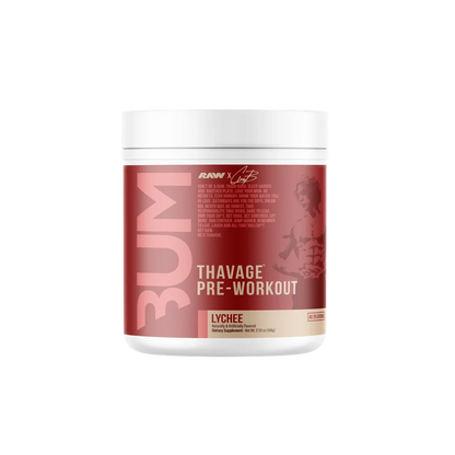 Thavage Pre-Workout supplement bottle, fifth image. Enhances focus and muscle pump for intense workouts.