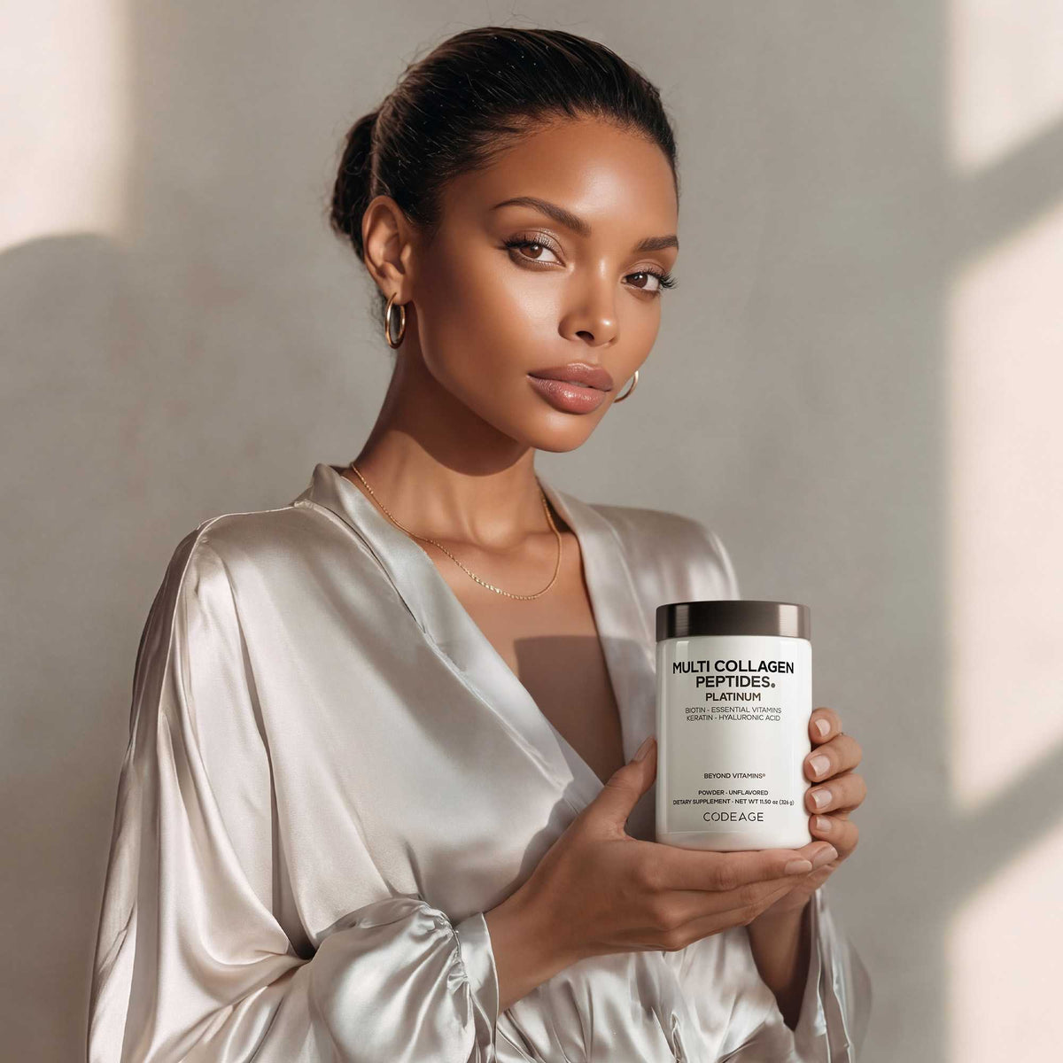 Multi Collagen Peptides Powder, Premium Hydrolyzed Supplement. Front view, showing texture. Image 2 of 4.
