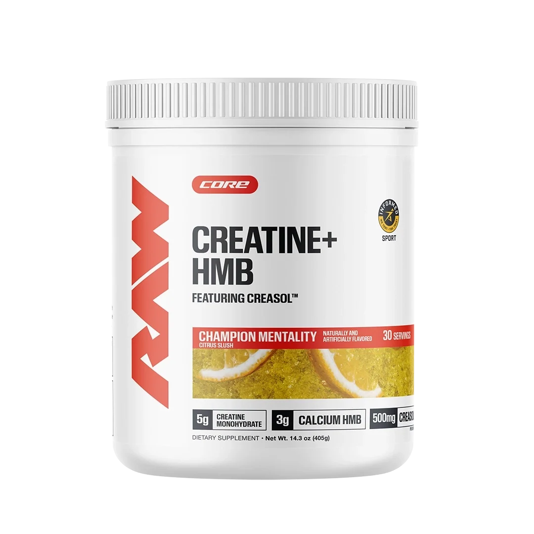 Third image: Creatine + HMB supplement bottle for muscle growth, strength, and performance enhancement.