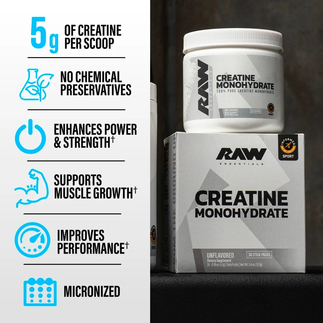 RAW Creatine Monohydrate supplement container and packaging with product features listed on the left.
