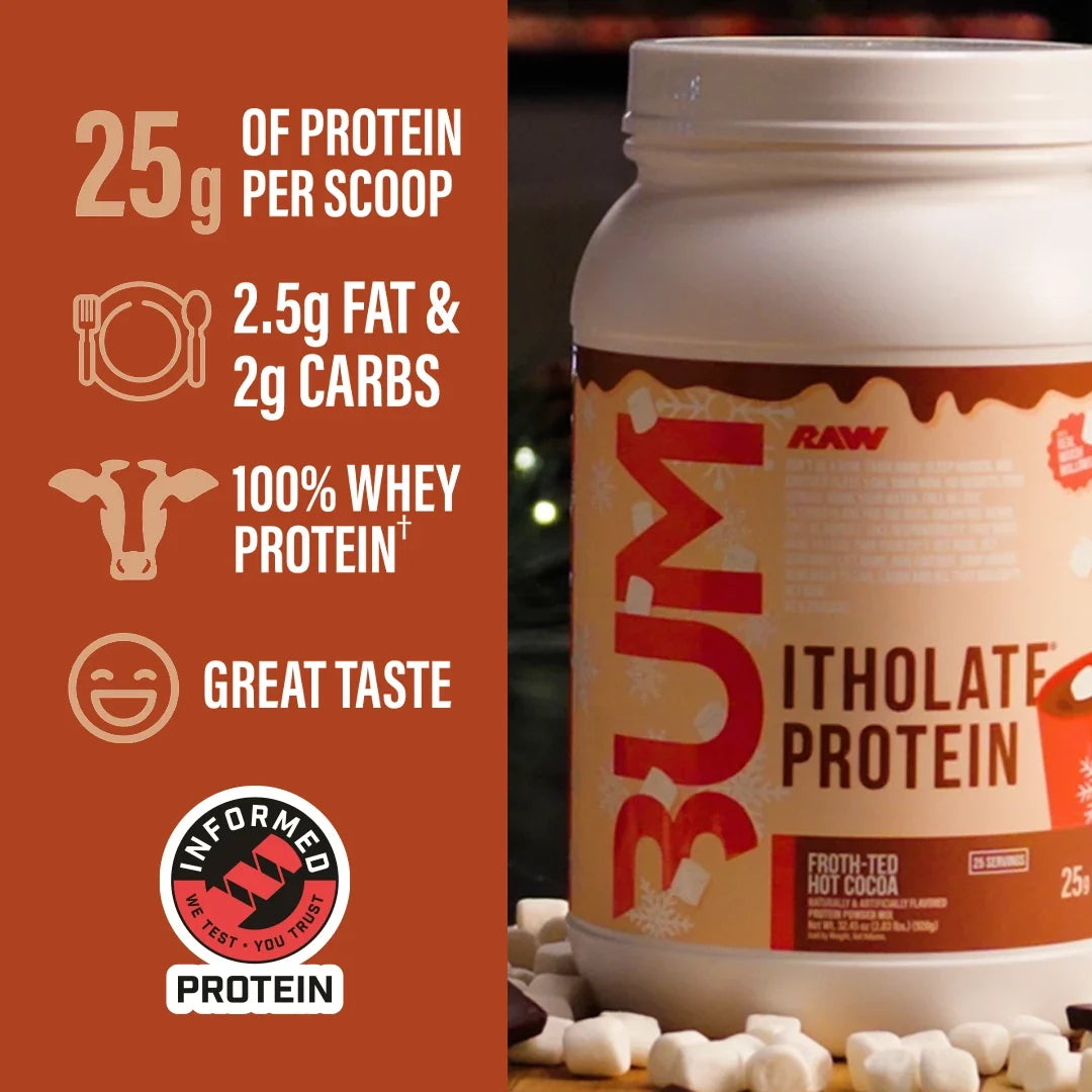 BUM Isolate Protein Powder for muscle growth, 2lb tub, chocolate flavor.
