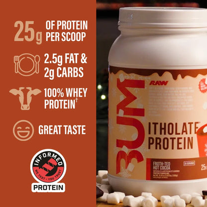 BUM Isolate Protein Powder for muscle growth, 2lb tub, chocolate flavor.