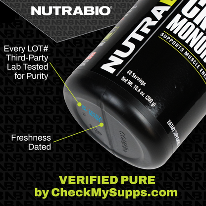 The bottom of a NutraBio Creatine Monohydrate Powder tub, with arrows pointing to the freshness date and LOT #.